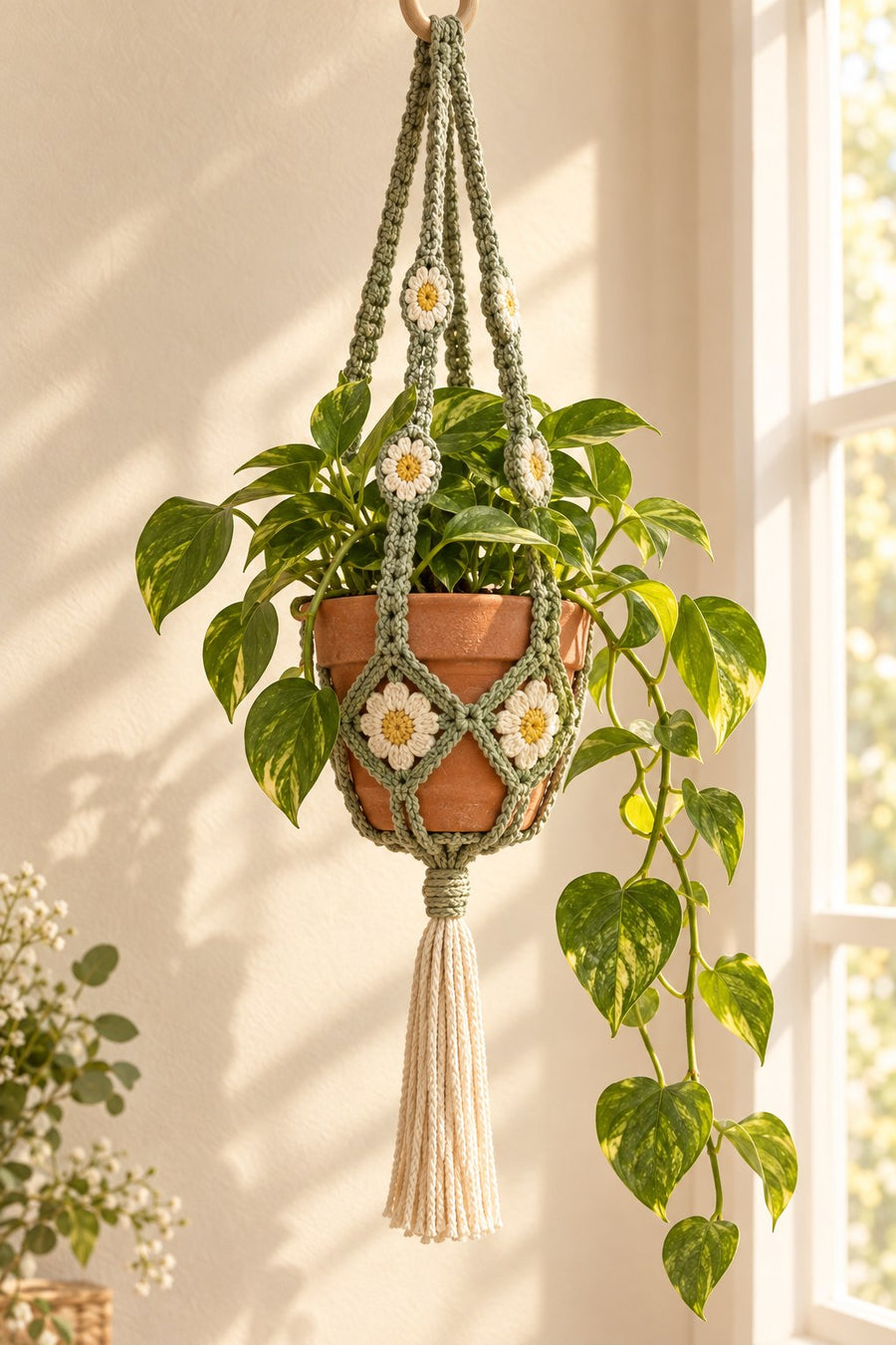 Custom sage crochet plant hanger with daisies and tassel