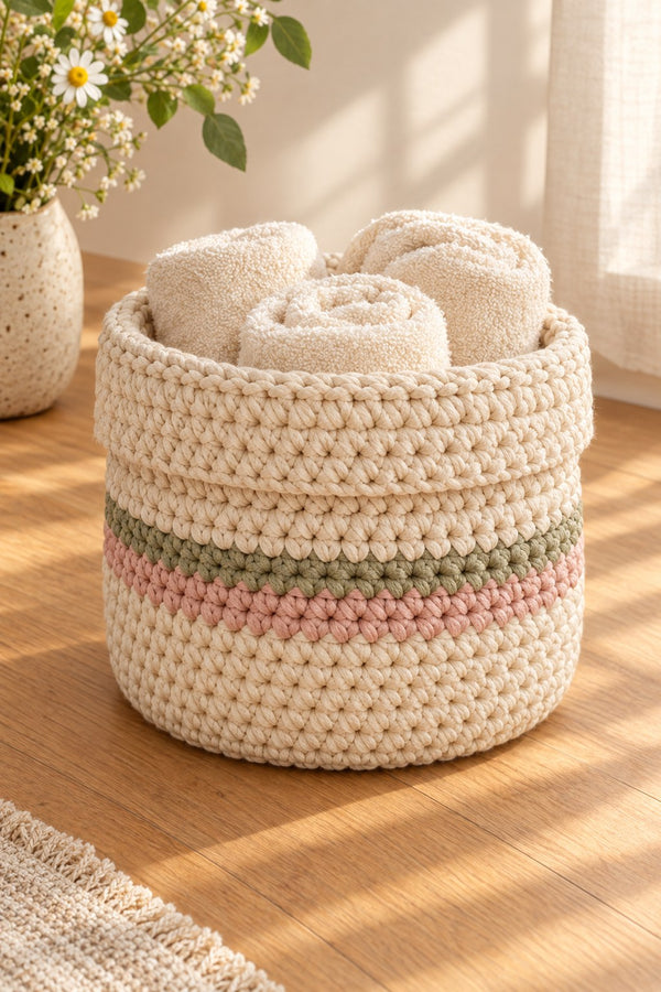 Custom crochet storage basket with sage and blush stripe