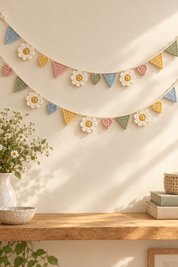 Custom crochet garland with daisies, hearts and pastel bunting
