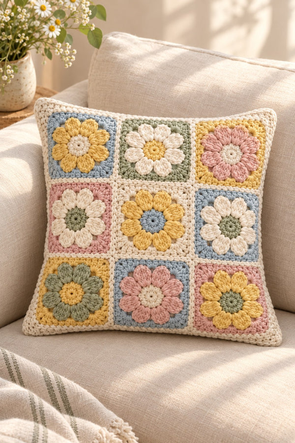 Custom crochet granny-square pillow in pastel colors