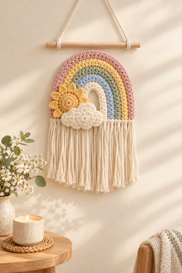Custom crochet rainbow wall hanging with fringe