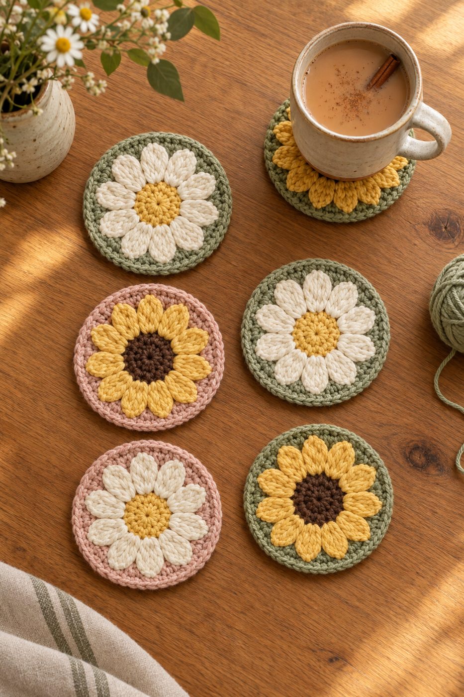 Crochet flower coasters with chai