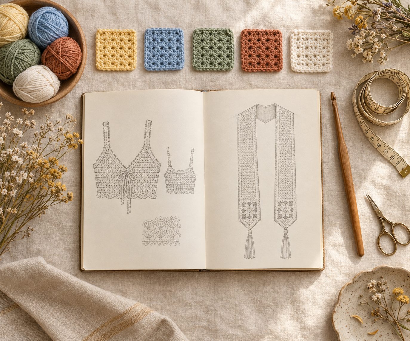 Sketchbook with crochet designs and yarn swatches