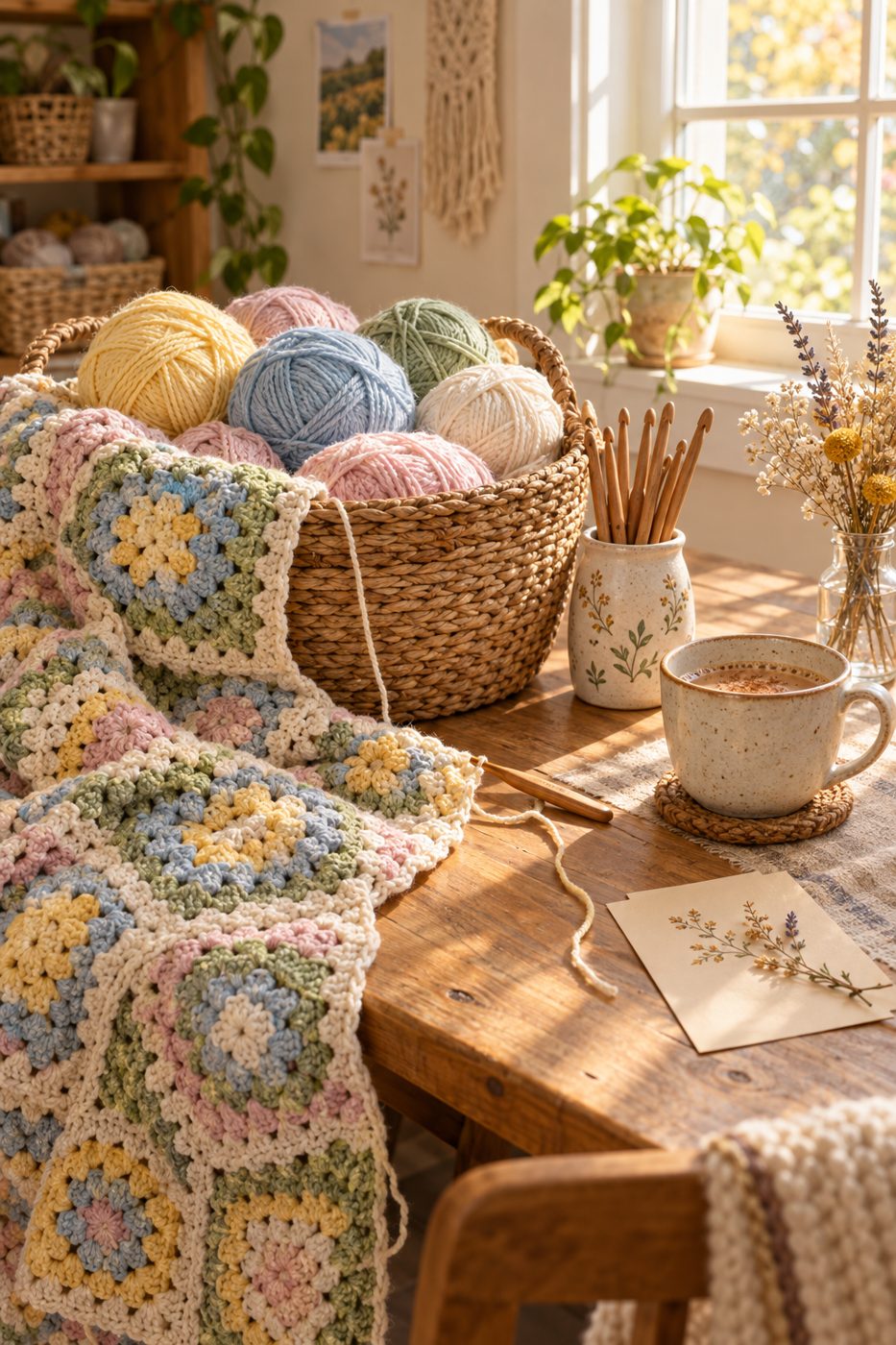 Soft Stitch studio table with a basket of pastel yarn and a granny square blanket