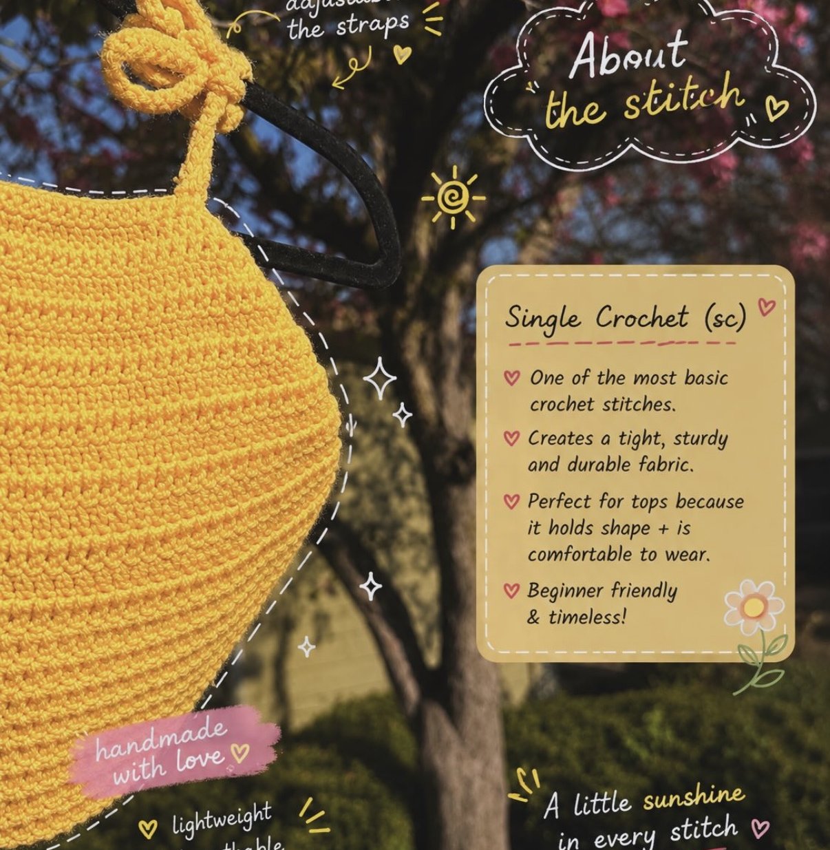 Close-up of single crochet stitch on a yellow top